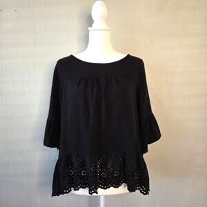 Linen Blend Eyelet Bell Sleeve Babydoll Top Black L Cross Back Dark Cottage